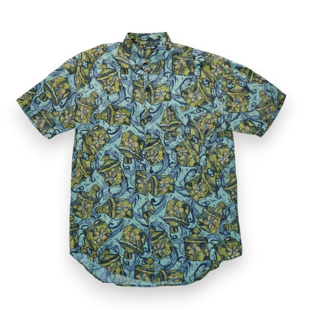 Vintage Cherokee Mens Medium Hawaiian Shirt Tropical 100% Silk All Over Print